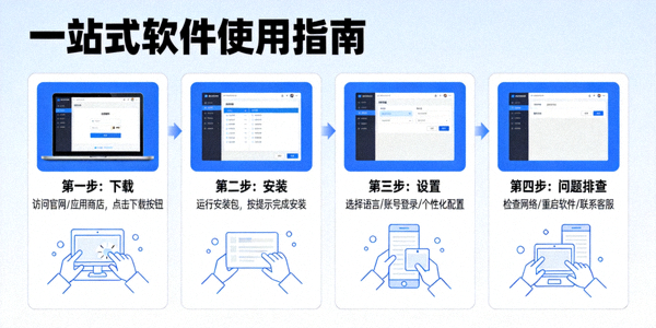 从下载、安装、设置到问题排查的一站式流程图解示意图，展示完整使用路径