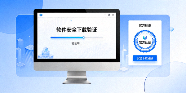 电脑屏幕上显示软件安全下载验证流程和官方安全标识的示意图
