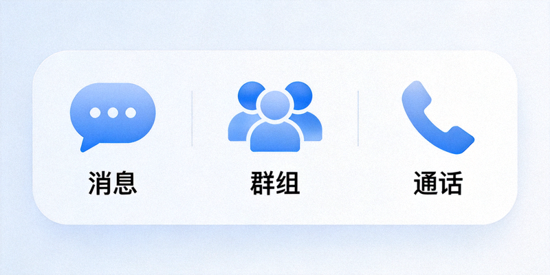 展示即时通讯软件多种功能图标如消息、群组、通话、设置的示意图